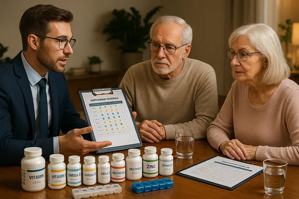 Nutritional health assessment session with senior client and professional wellness coordinator reviewing dietary planning documents