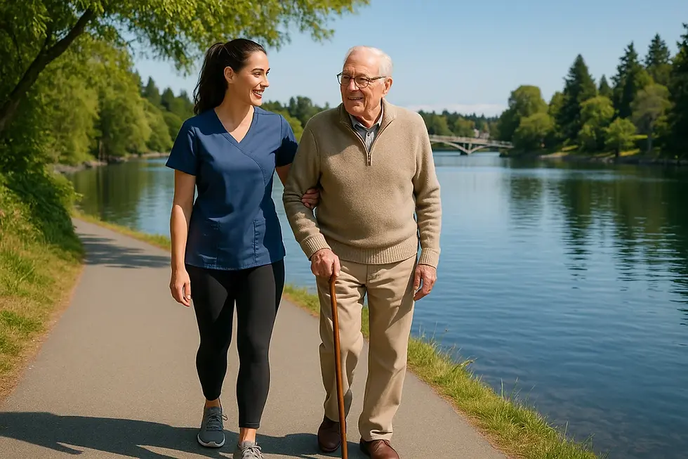 Gorge Waterway walking trails and senior exercise in Esquimalt BC - professional caregiver supporting senior gentleman on scenic paved pathway along calm waters