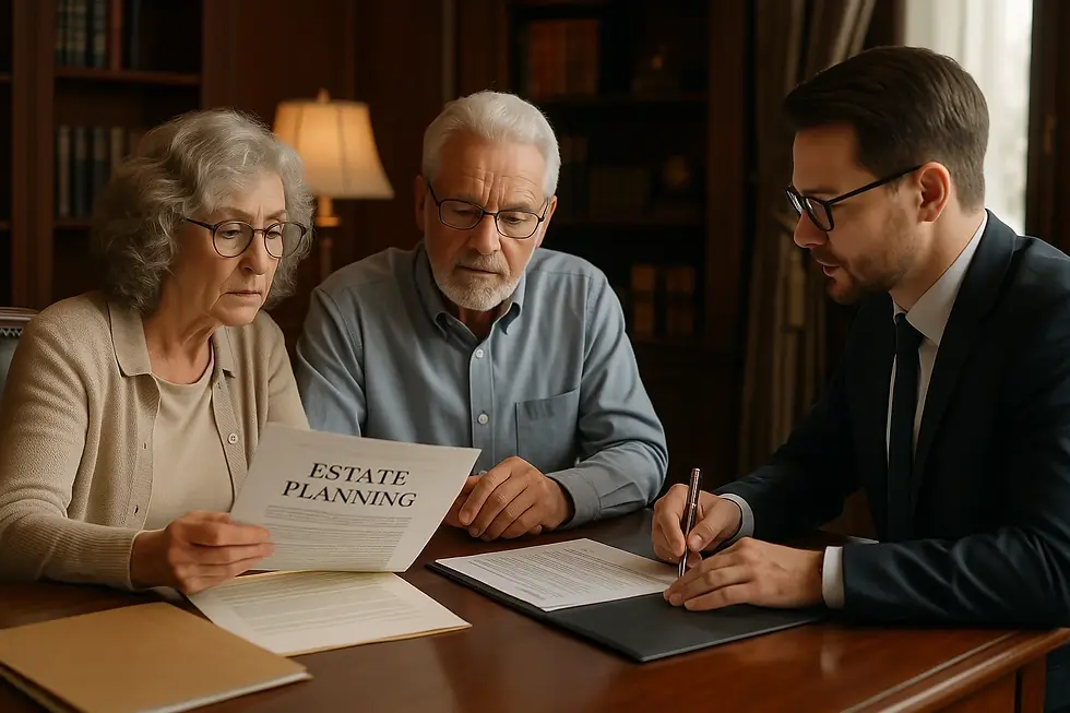 Legacy estate management support Victoria BC - Senior couple meeting with professional advisor reviewing important documents and estate planning materials