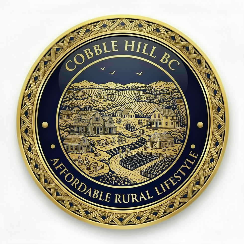 Gold medallion icon featuring charming farmhouse homes with detailed Victorian rural architecture, beautiful agricultural fields with farming activities, elegant barns and farm buildings, peaceful country roads representing affordable rural lifestyle for seniors in Cobble Hill BC