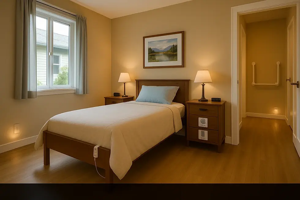 Dementia-friendly bedroom in Victoria BC featuring safety modifications including grab bars, clear pathways, good lighting, and organized layout for senior safety.