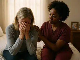 Respite care Victoria BC - exhausted family caregiver receiving emotional support from professional home care provider