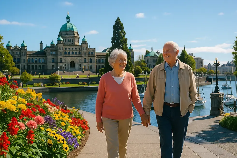 An active senior couple enjoying a walk along the beautiful Inner Harbour waterfront in Victoria BC, a perfect example of a high-quality lifestyle while aging in place.