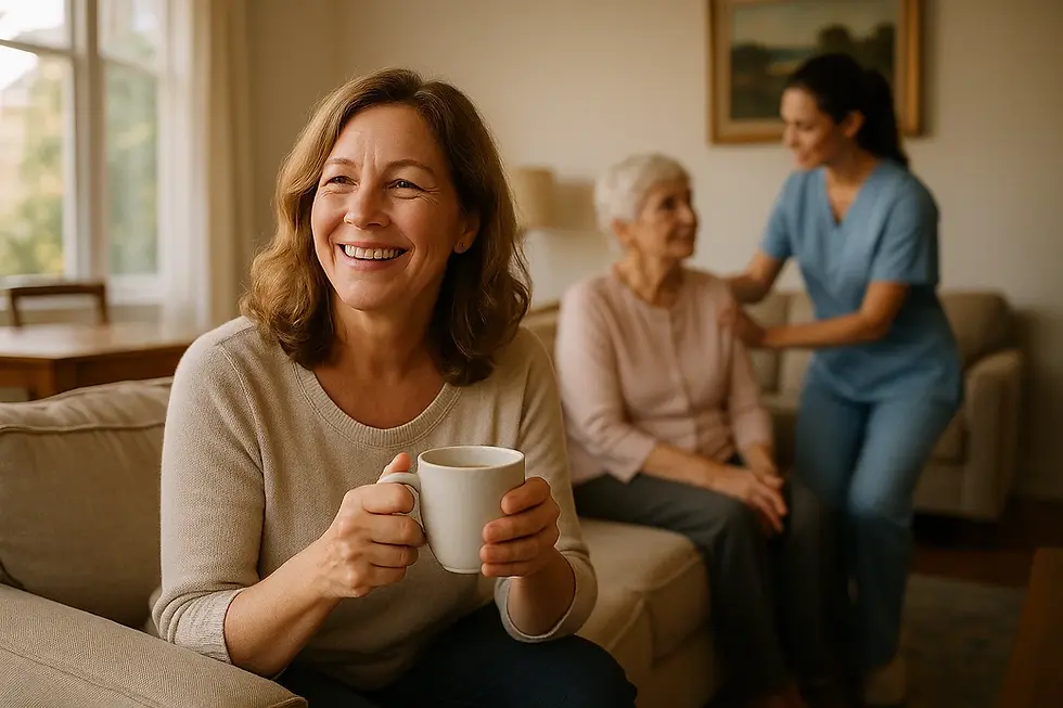 Adult daughter experiencing caregiver relief and peace of mind while professional caregiver provides 24-hour care for her mother in Victoria BC