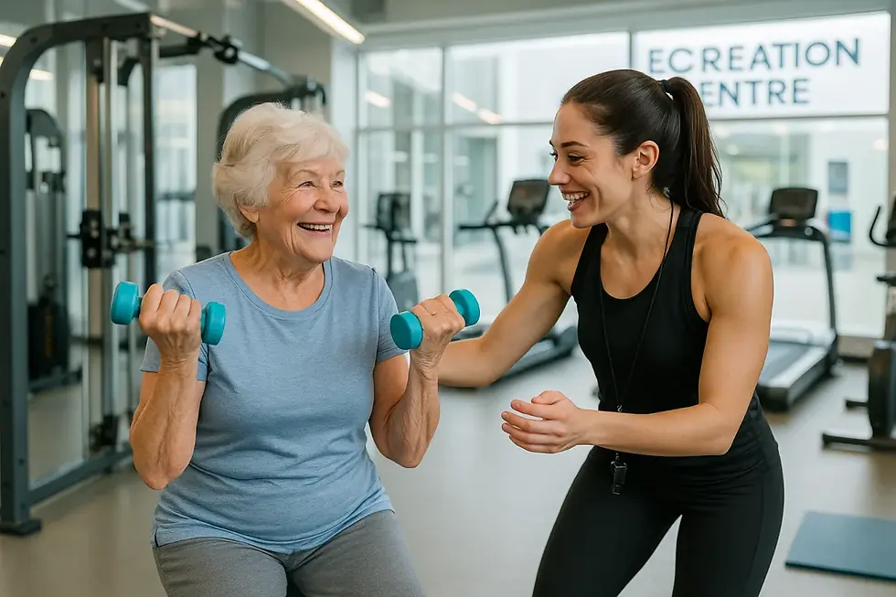 Esquimalt Recreation Centre senior fitness programs - professional fitness coordinator assisting senior woman with gentle exercise activities in modern facility