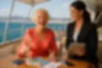 beyond essential senior care luxury lifestyle services Victoria BC - Elegant senior woman enjoying yacht experience with professional care companion planning travel on tablet
