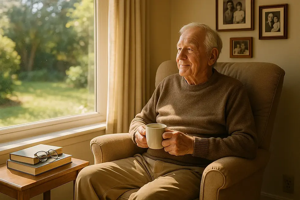 Senior man with dementia relaxing peacefully in his own home by window - benefits of familiar environment for Alzheimer's patients