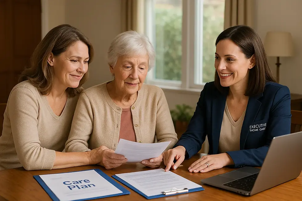 Multi-generational family meeting with Executive Home Care consultant to plan dementia care in Victoria BC, reviewing care plans and discussing support options.