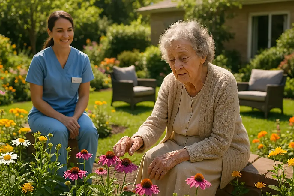 Elderly woman with dementia enjoying peaceful moment in her home garden with professional caregiver support - quality of life in Alzheimer's care
