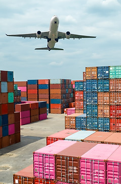 Airplane flying above container logistic Container crisis Freight transportation Logistic 