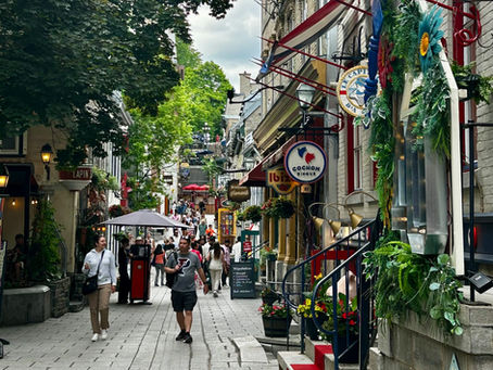 Busy cobblestone street lined with cafes and greenery, pedestrians walking past colorful signs like Cochon Dingue and Lapin.