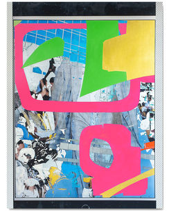 DSCF6416
Abstract mixed-media painting with neon pink loops and gold angular shapes layered over distressed blue-gray urban textures. Fragments of a fashion runway and cityscapes emerge beneath acrylic gestures, with digital artifacts like screen edges and transparency grids visible at the margins. Industrial canvas, 47x35 inches.