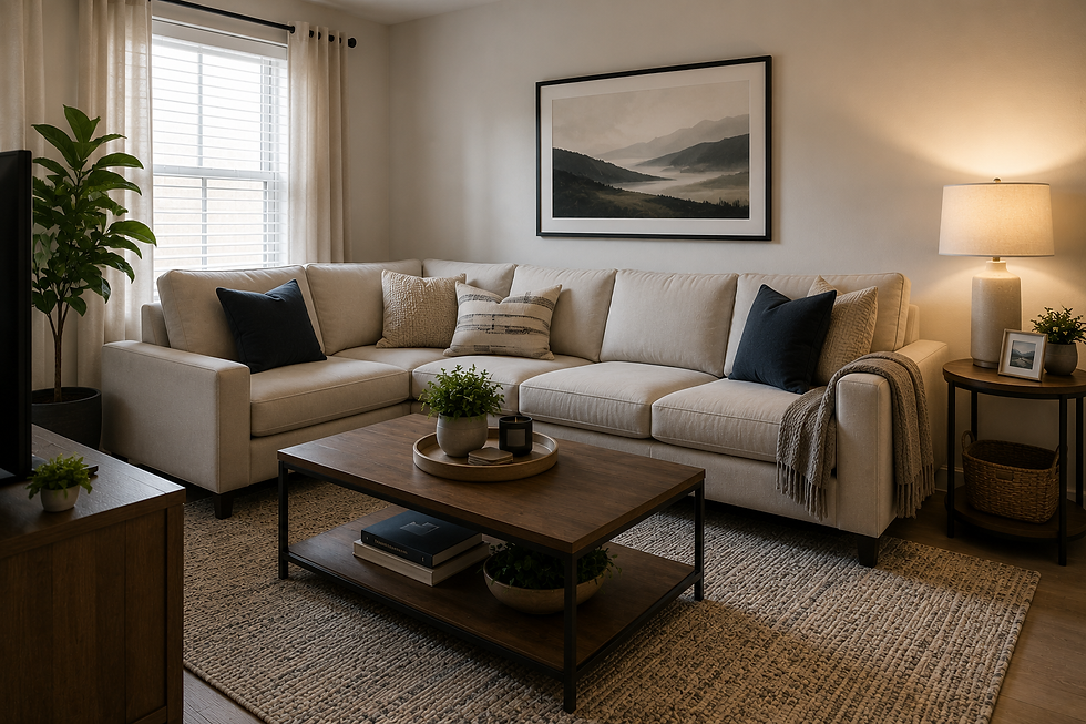 Bright furnished living room with sectional sofa and coffee table in Logan Utah