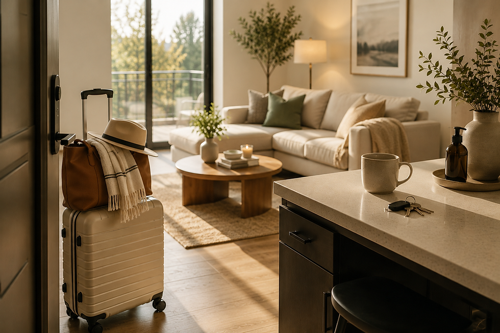 Cozy furnished apartment bedroom with elegant modern furnishings