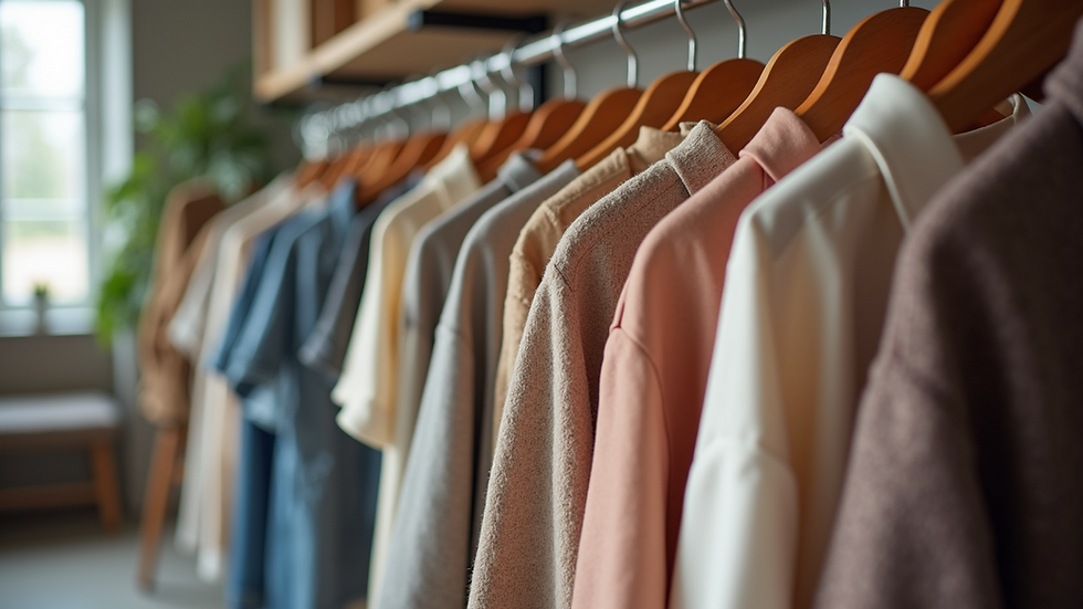 Eye-level view of a beautifully arranged clothing rack showcasing various trendy outfits