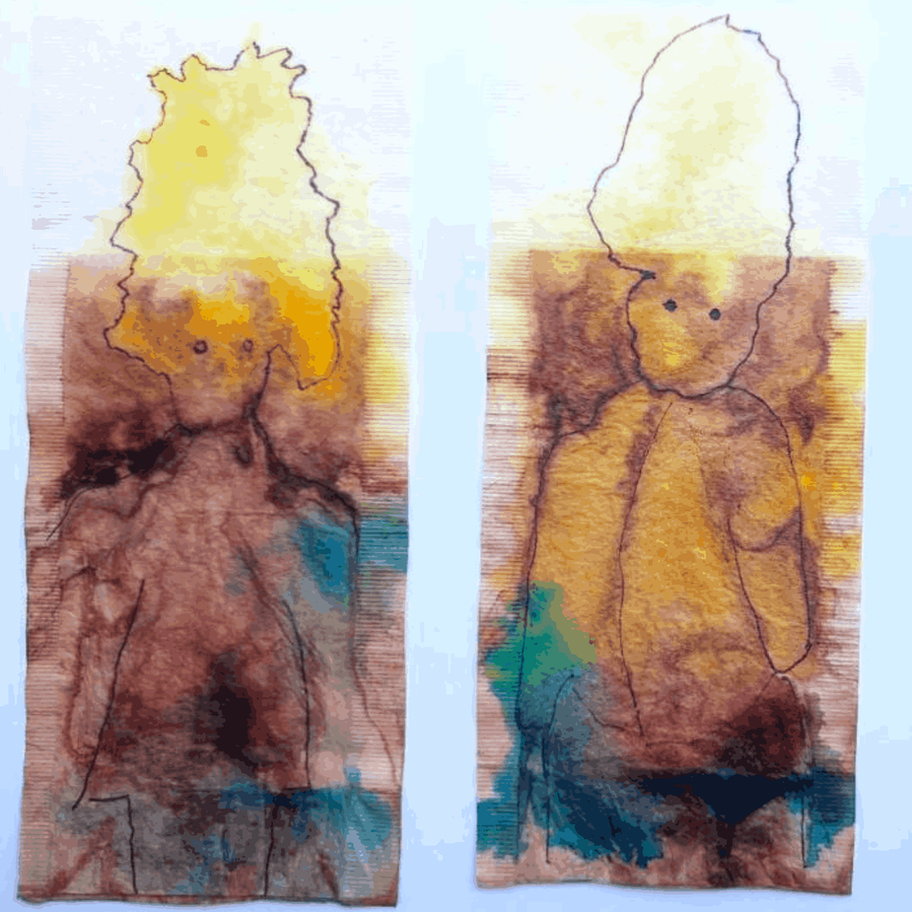 Joëlle Viaud – abstract figures with yellow heads, brown and blue textured bodies on white background.