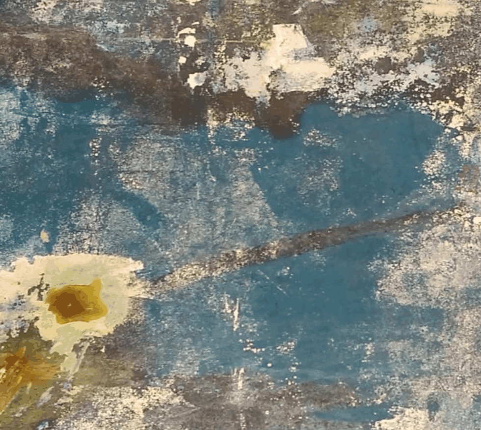 Joëlle Viaud – abstract painting with textured blue background, earthy tones, and weathered details.