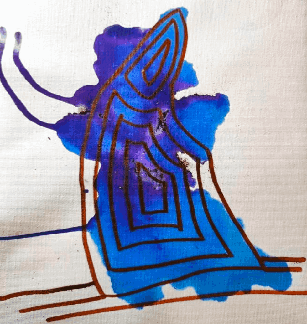 Joëlle Viaud – abstract line figure with bold blue geometric shapes and watercolor effect on white canvas.