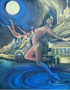 Œuvre de Karen G intitulée MENGALA, LA LEYENDA DE LA REINA INFIEL exposée à la Galerie d'art contemporain ‘The Muisca’ à Paris