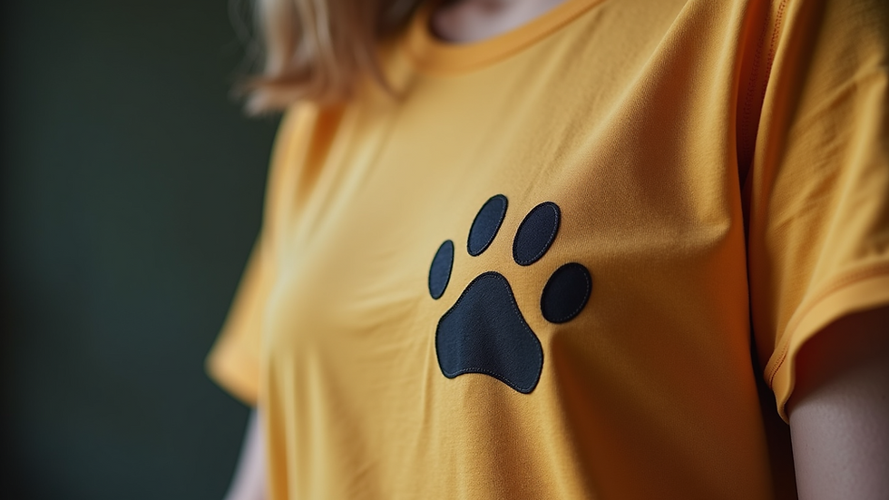 Close-up view of a pet-themed t-shirt with a paw print design