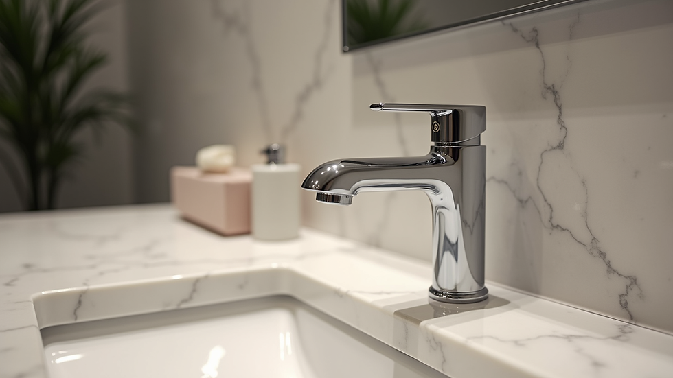 Close-up view of a high-end bathroom faucet and marble sink