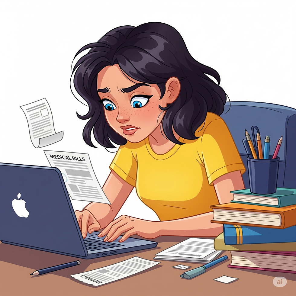 A cartoon illustration of a young woman with dark, curly hair and blue eyes, wearing a yellow t-shirt, sitting at a laptop. She has a worried expression as she looks at a few medical bills scattered on her desk, trying to figure out how to pay them.