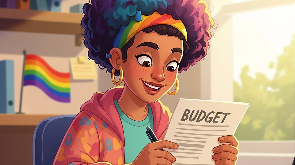 A cartoon illustration features a smiling queer Latinx person with vibrant, textured hair and a rainbow headband. They are seated at a desk, holding a document labeled "BUDGET" and a pen, seemingly analyzing it. In the background, a laptop is open and a rainbow flag is subtly visible on a shelf, suggesting a focus on personal finance within a supportive and inclusive environment. The overall tone is positive and empowering.