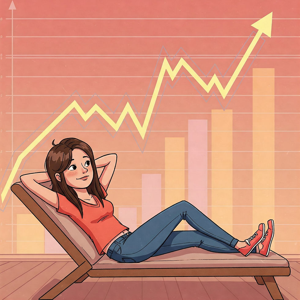 A young woman relaxes on a lounge chair, scrolling through her phone, while a stock market chart with a positive overall trend rises and falls dramatically in the background. The image symbolizes the importance of long-term investing and weathering market fluctuations.