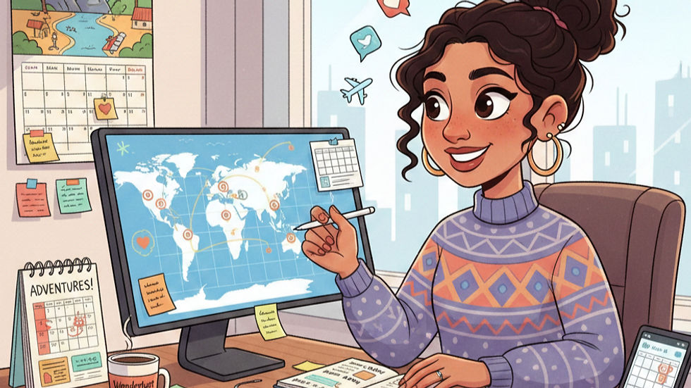A vibrant, modern cartoon illustration of a smiling young Latinx woman with curly dark hair tied in a bun and gold hoop earrings. She is sitting at a desk overflowing with travel planning tools, including a large computer monitor showing a world map with flight paths, a wall calendar, a desk calendar labeled 'ADVENTURES!', an open planner, and two digital tablets displaying calendar apps. She wears a cozy patterned sweater and holds a stylus, looking enthusiastic. A mug on her desk reads 'Wanderlust Fuel,' and travel-themed thought bubbles with icons of planes and suitcases float above her head.
