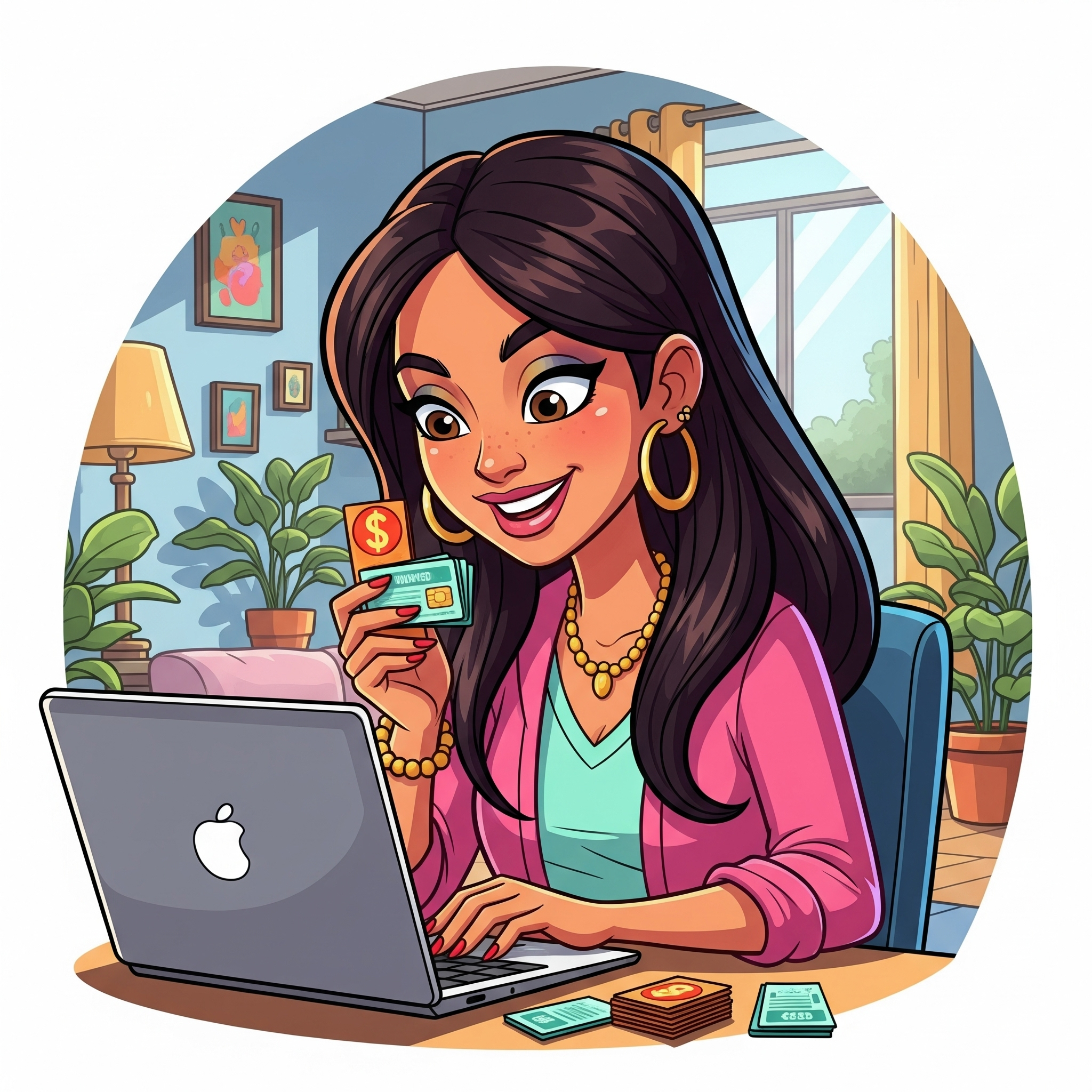 A cheerful cartoon Latina smiles, while she works to optimize rewards with cards and a laptop in a bright home setting.