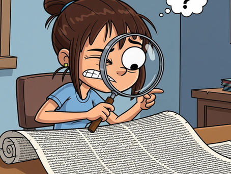 A cartoon image shows a brunette woman with a magnifying glass, squinting with one eye and pointing with her finger at a large, unrolled document filled with illegibly small fine print. A thought bubble above her head contains a single question mark.