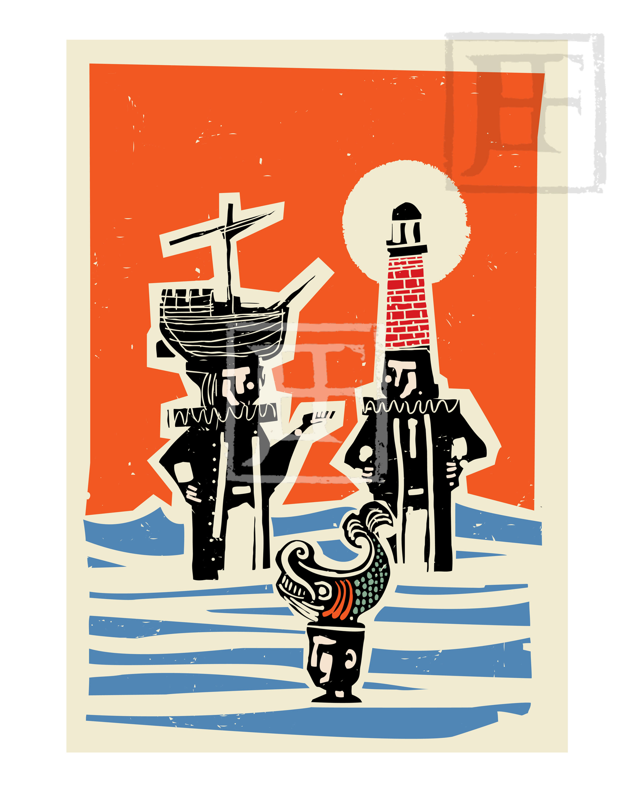 woodcut boat, fish and lighthouse hats