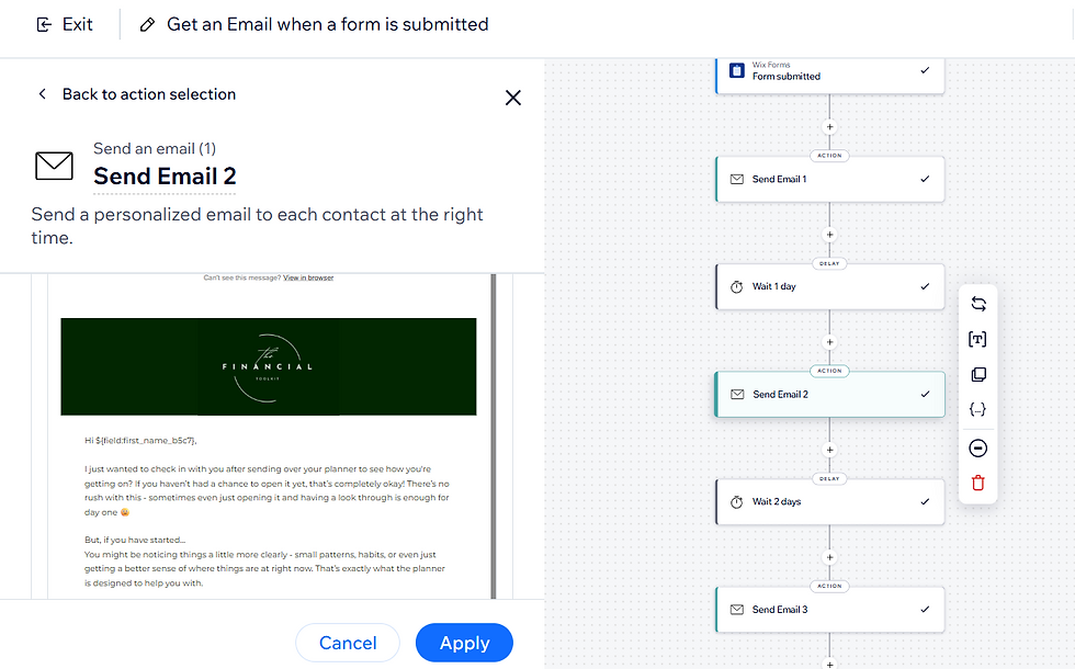 Wix Automated Emails Screenshot for The Financial Toolkit