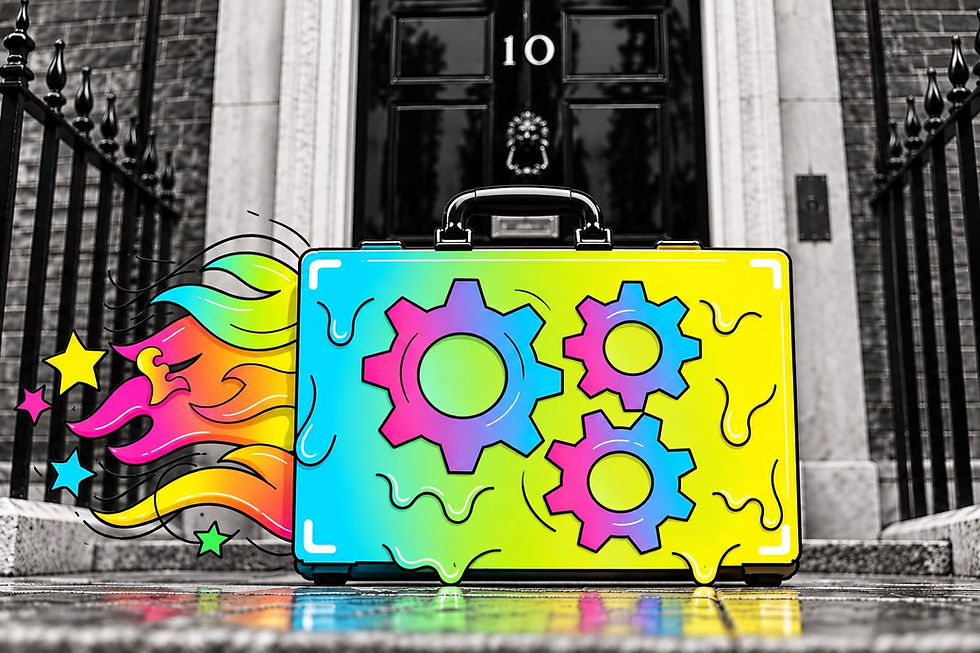 Multicoloured suitcase in front of no10