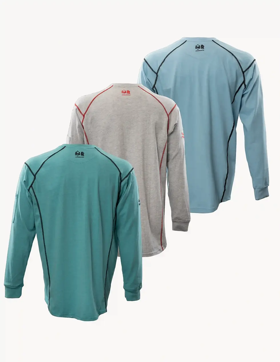 Back view of 3-pack FR Elite Welding Work Shirts in Baby Blue, Gray & Teal.