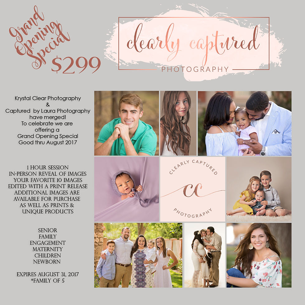 To celebrate we are offering a Grand Opening SpecialGood thru August 2017 One hour portrait session