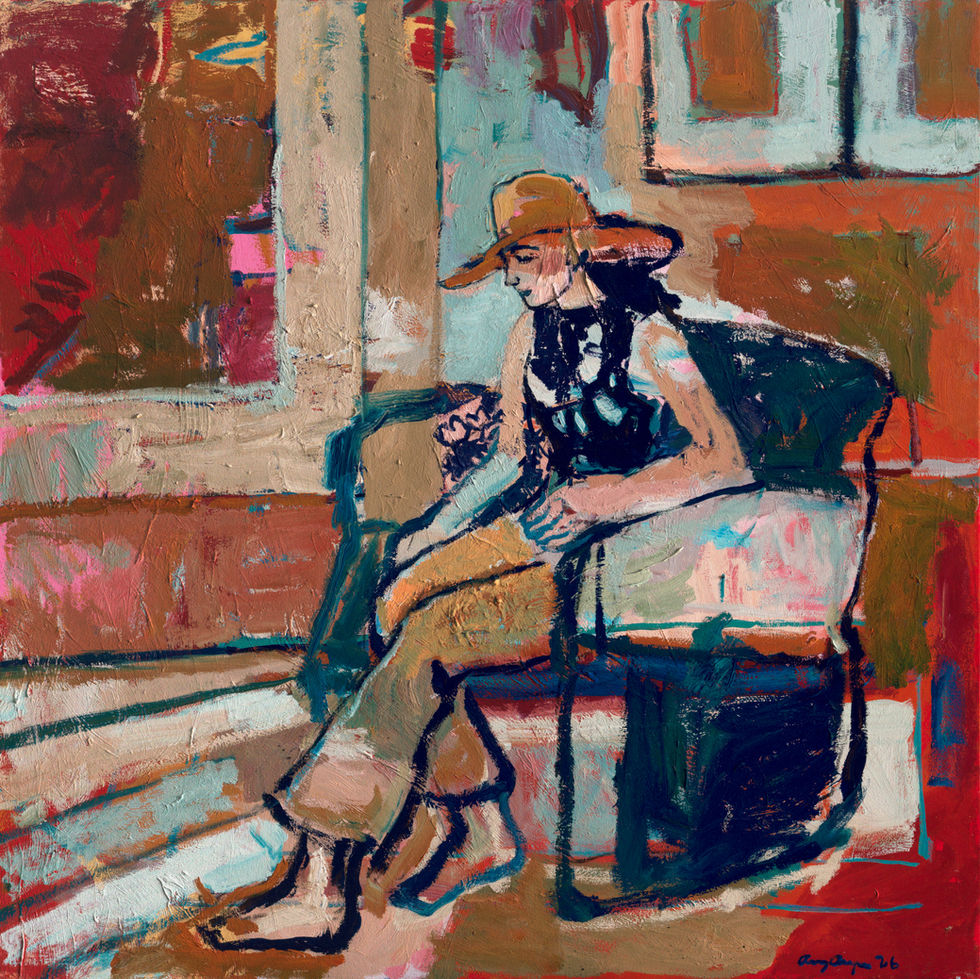 Colorful abstract painting of a person sitting indoors.