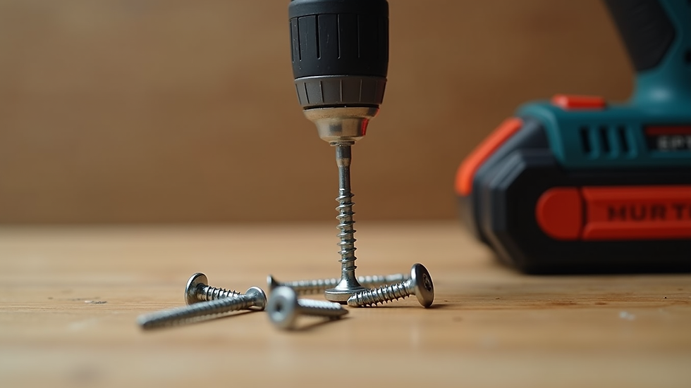 Close-up view of a cordless drill and screws on a wooden surface