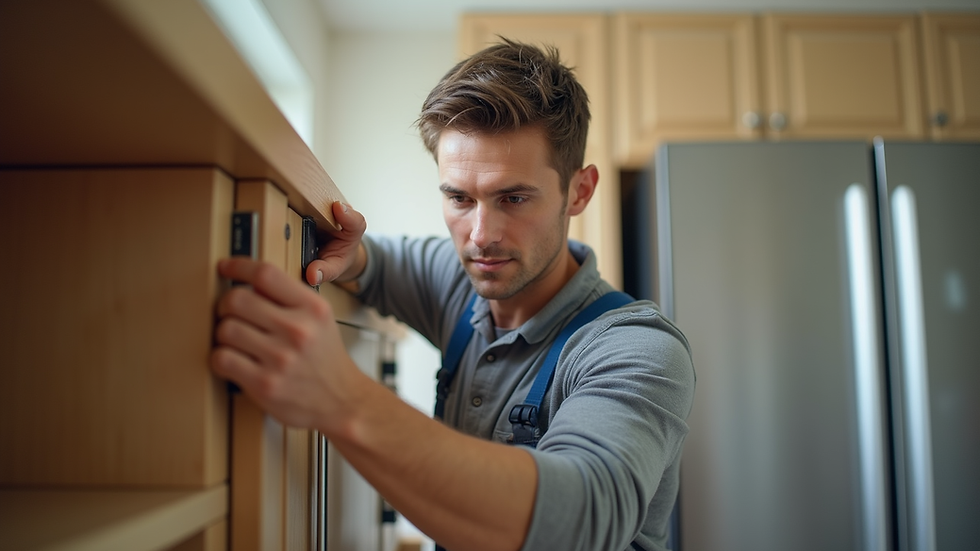 Eye-level view of a handyman fixing a kitchen cabinet door