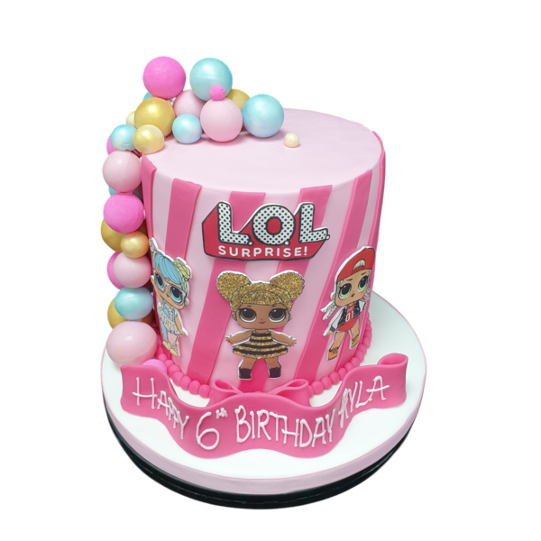 A colourful and whimsical LOL Surprise cake with vibrant decorations and detailing, perfect for children's parties and celebrations.