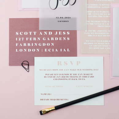Blush pink, elegant, modern wedding stationery, invitation, save the date with vellum sleeve and black clasp