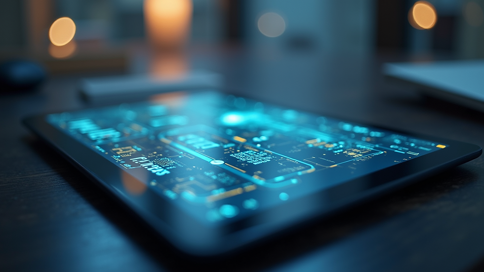 High angle view of a tablet displaying a futuristic website interface