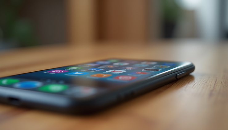Eye-level view of a smartphone displaying colorful app icons on a wooden table