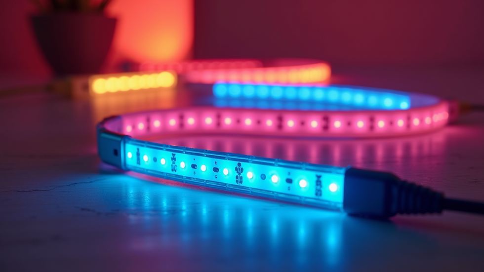 Eye-level view of colorful LED strip lights illuminating a creative space