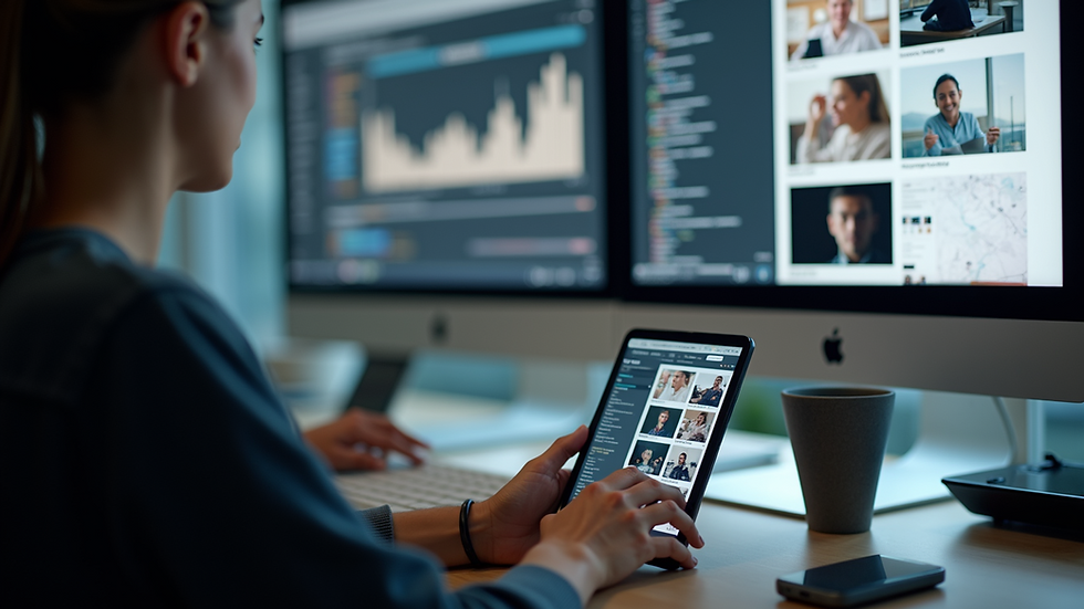 Close-up view of a developer testing responsive website layouts on multiple devices