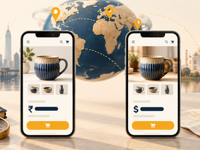 Two international storefront screens showing different currency symbols for the same item