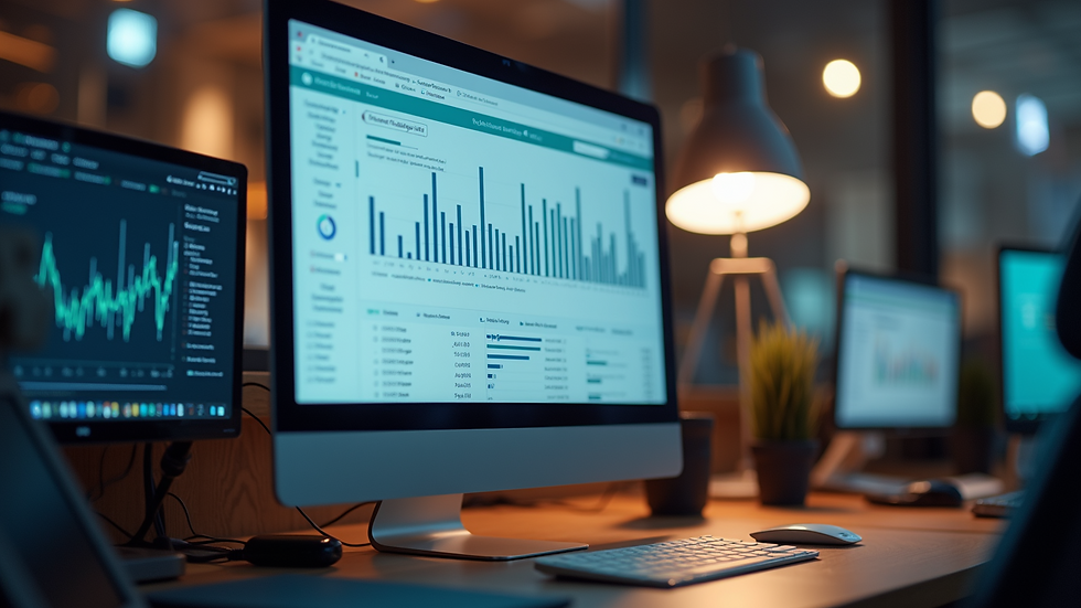 Eye-level view of a modern workspace equipped with a computer displaying analytics