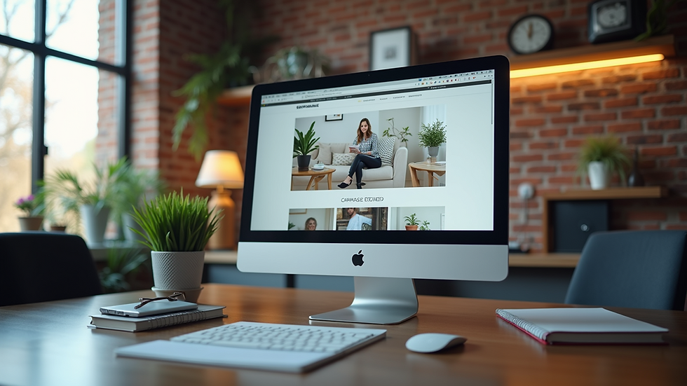 Eye-level view of a modern office workspace with a computer displaying a website design