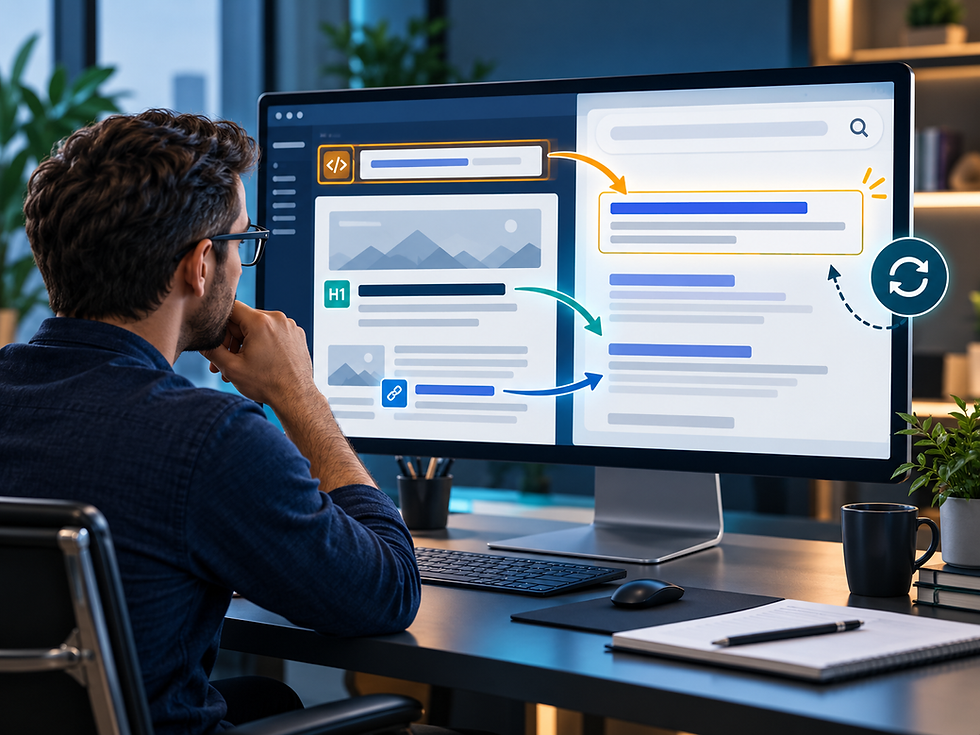 SEO specialist comparing a website title tag and page heading with a rewritten search-result title