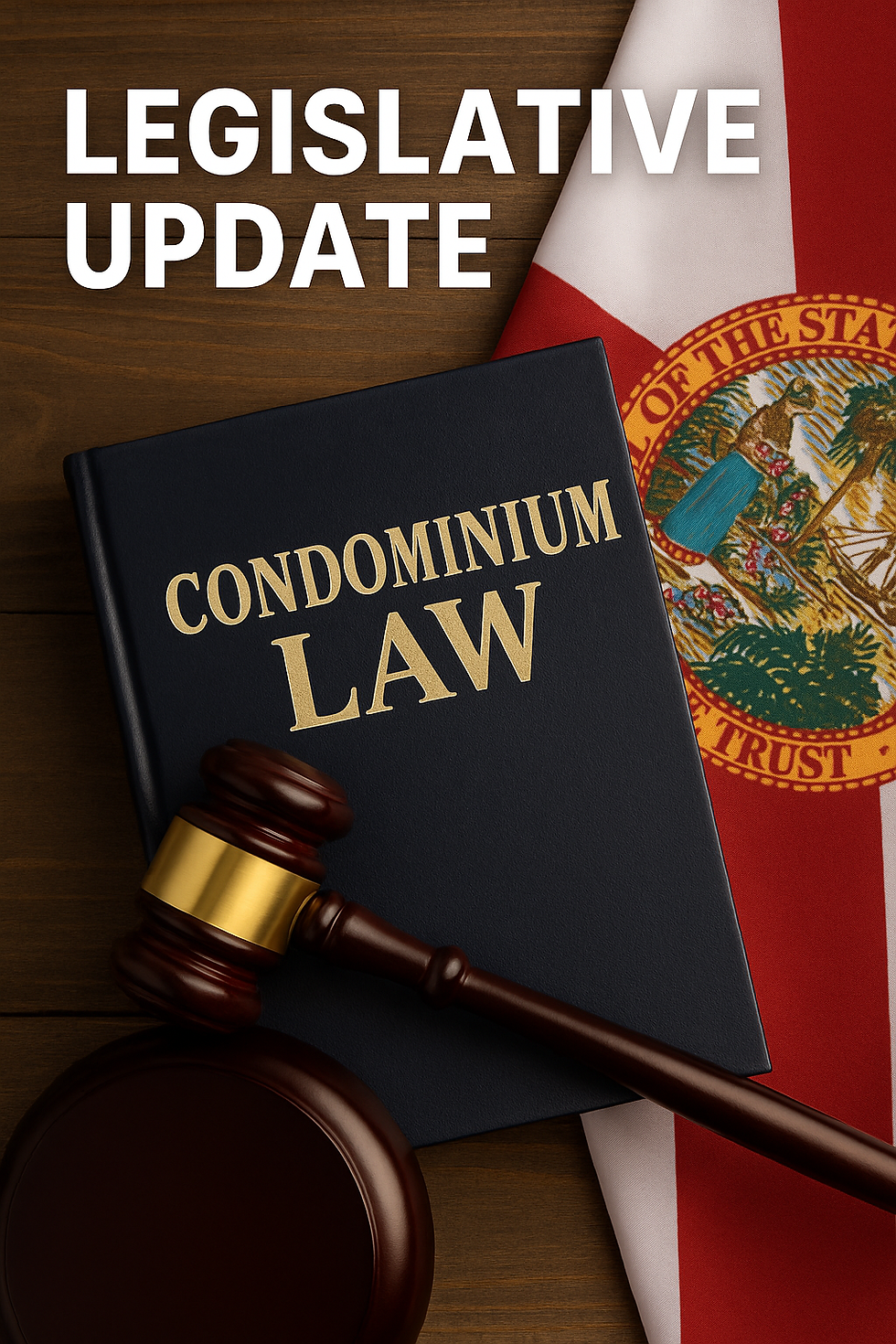 Condominium law book, judge’s gavel, and partial Florida state flag with the text 'Legislative Update' above, symbolizing 2025 legal changes for Florida condominiums